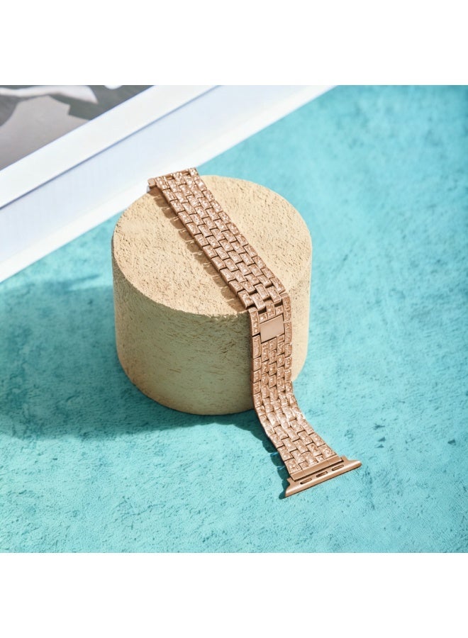 سوار فاخر لساعة آبل مزين بحجر الزركون، حزام من الفولاذ المقاوم للصدأ قابل للتعديل، متوافق مع مقاسات 42 مم و44 مم و45 مم و49 مم (السلسلة 1–9، SE، ألترا وألترا 2) — ذهبي وردي - Image 5